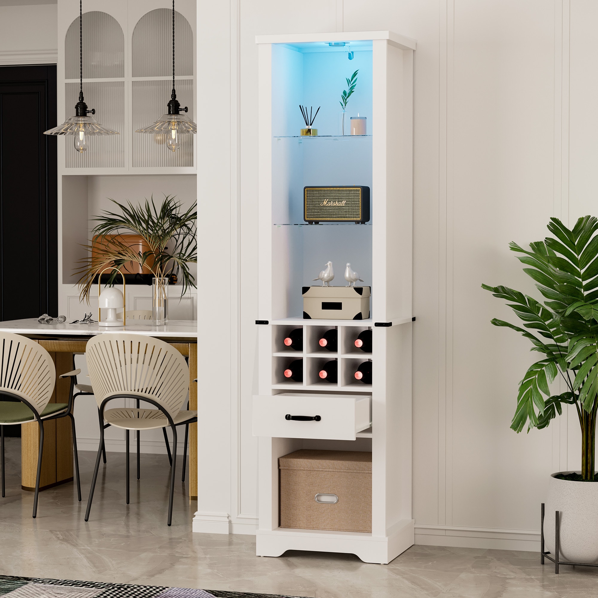 75'' Tall Storage Cabinet With LED Light, Farmhouse Pantry Cabinet With Tempered Glass Adjustable Shelves & Wine Storage Rack, Freestanding Linen Tower For Bathroom, Living Room, Kitchen, White_voghion.com